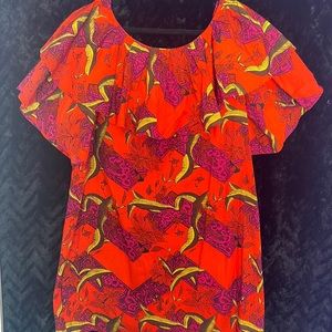 Off the shoulder, vibrant mini dress